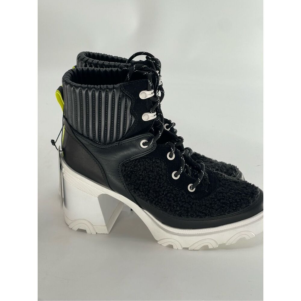 Sorel Brex Boot Women 6.5 Black Platform Chunk Heel Lace Fur Leather Waterproof
